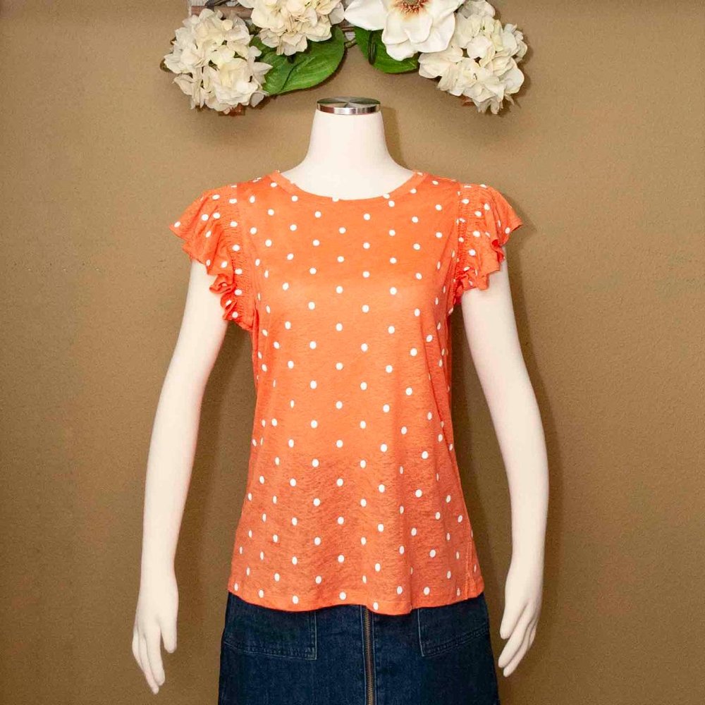 NWT Loft Linen Polka Dot Flutter Sleeve Shirt in Coral size M